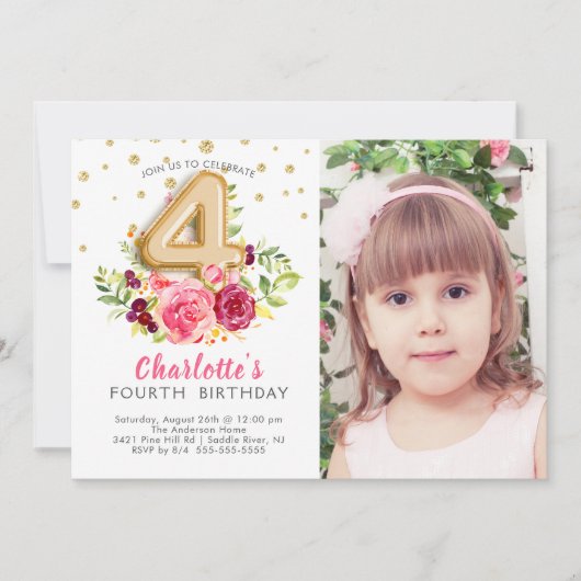 ホイルの気球の写真の第4誕生日の招待状 招待状 (正面)