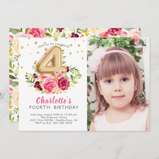 ホイルの気球の写真の第4誕生日の招待状 招待状 (正面/裏面)