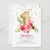 ホイルの気球の花柄の第1誕生日の招待状 招待状 (正面)
