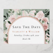 ホイルほこりっぽいバラ金ゴールドウェディング日付カードを保存 箔招待状ポストカード (正面)