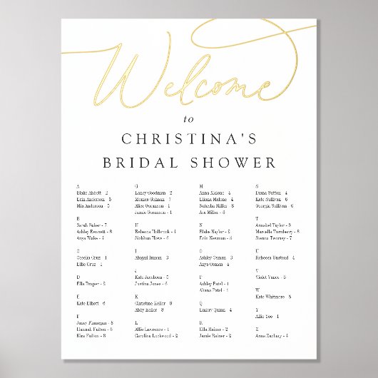 ホイルエレガントスクリプトのアルファベット順の座席表 箔ポスター (正面)