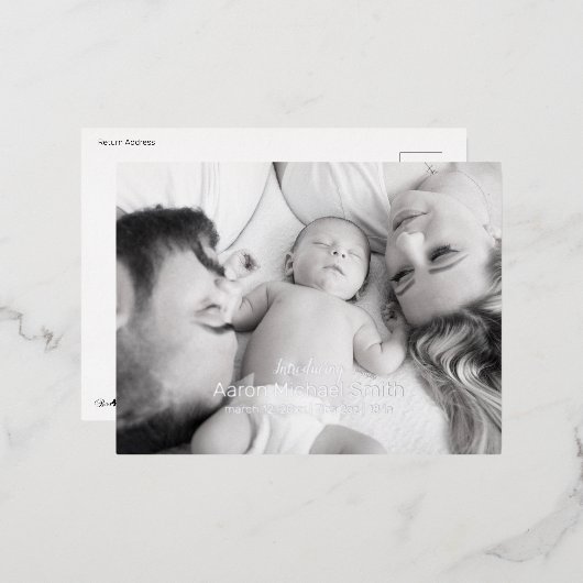 ホイルエレガントスクリプトブラック&ホワイト誕生はがき 箔招待状ポストカード (正面/裏面)