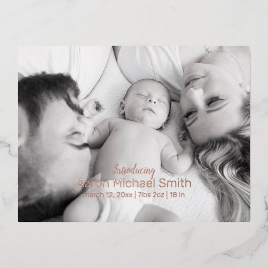 ホイルエレガントスクリプトブラック&ホワイト誕生はがき 箔招待状ポストカード (正面)