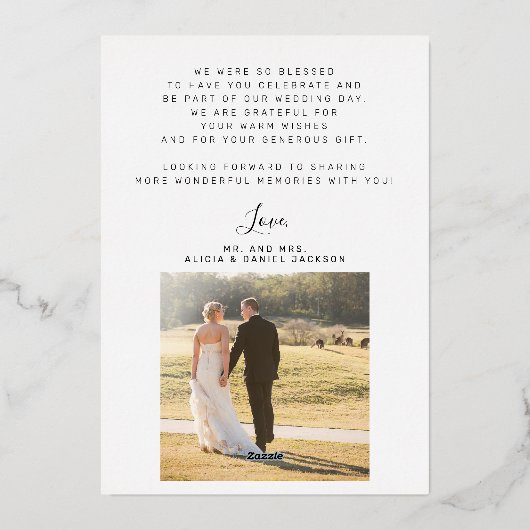 ホイルエレガントスクリプ結婚ト写真サンキューカード 箔招待状 (裏面)