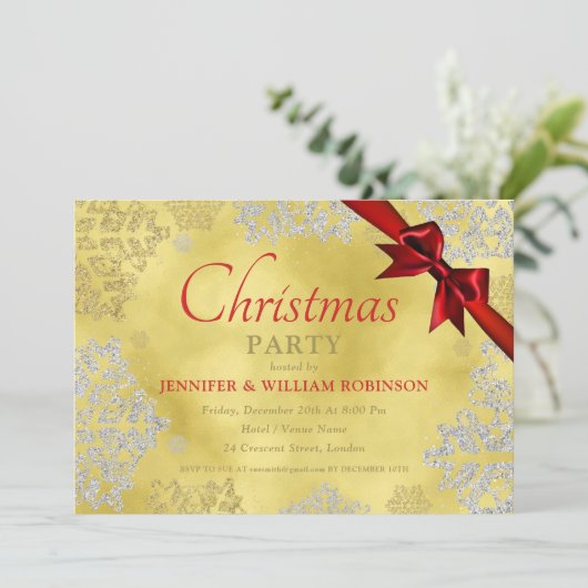 ホイルエレガントスフェイクスノーフレーククリスマスホリデーリボン 招待状 (スタンド正面)