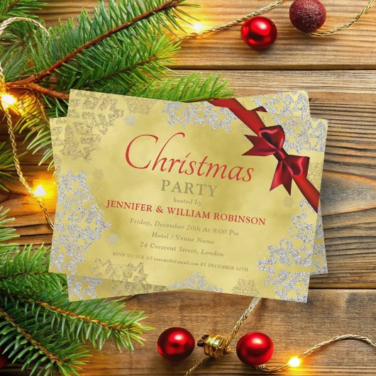 ホイルエレガントスフェイクスノーフレーククリスマスホリデーリボン 招待状