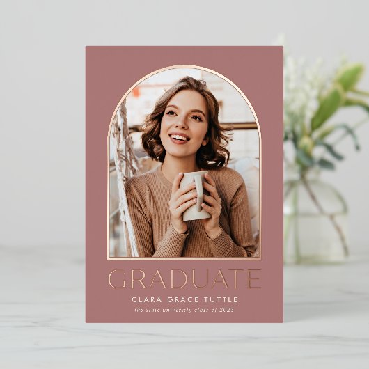 ホイルクラシックアーチフォト卒業発表 箔招待状 (立ち正面)