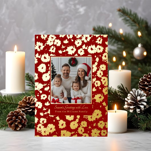 ホイルクリスマスカードテンプレート2フォトフラワーレッド 箔シーズンカード