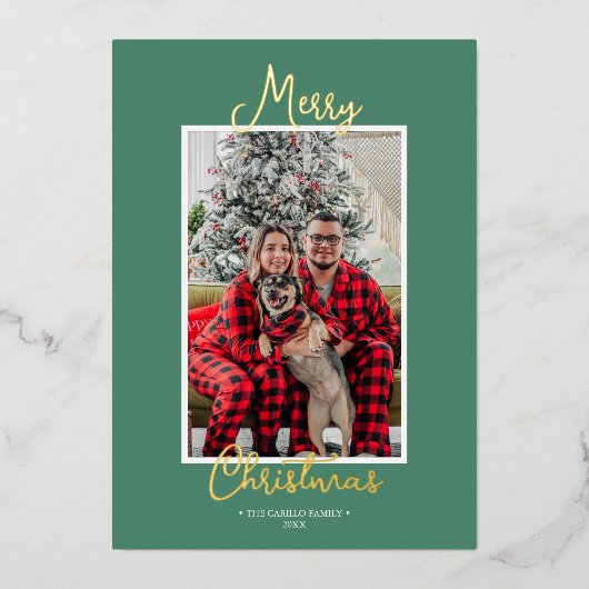 ホイルグリーンホリーすてきメリークリスマスワンフォト 箔シーズンカード (正面)