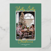 ホイルグリーンホリークリスマスすてき家族の写真 箔シーズンカード (正面)