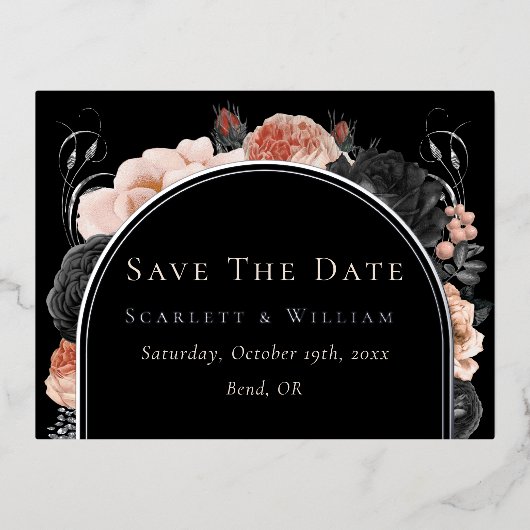 ホイルゴシックのヴィンテージ結婚式は日付カードを保存 箔招待状ポストカード (正面)