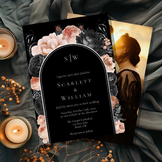 ホイルゴシックヴィンテージアーチモノグラム結婚フォト 箔招待状