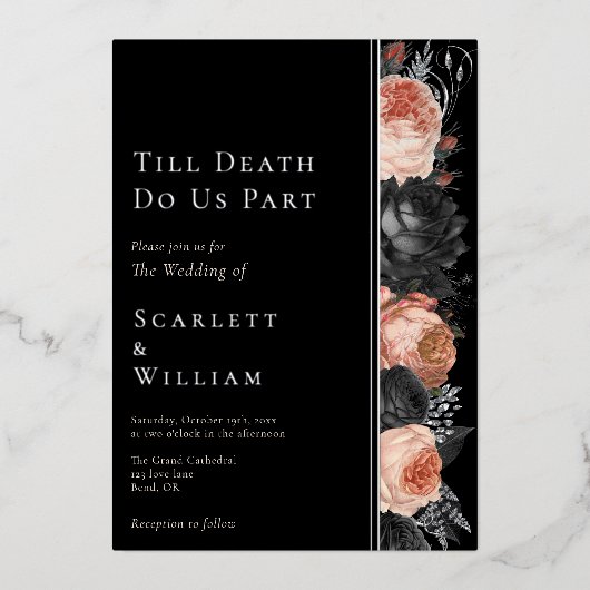 ホイルゴシックヴィンテージブラックのデスフォト結婚ズ 箔招待状 (正面)