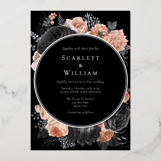 ホイルゴシックヴィンテージブラックダーク赤面結婚ズ 箔招待状 (正面)