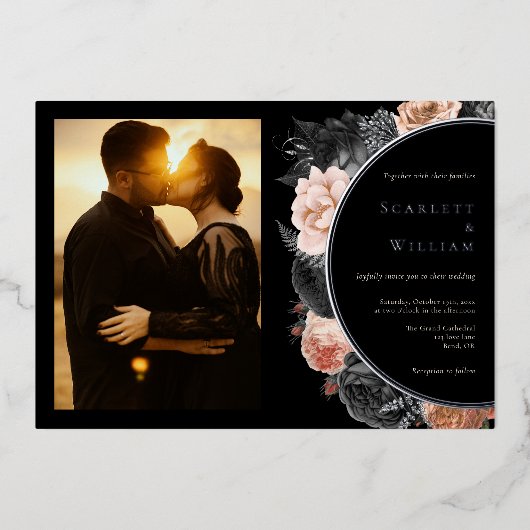 ホイルゴシックヴィンテージブラック横型結婚写真 箔招待状 (正面)