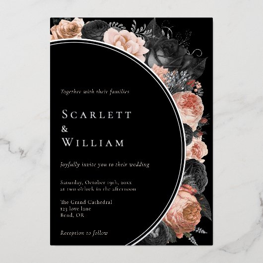 ホイルゴシックヴィンテージブラック赤面フォト結婚ズ 箔招待状 (正面)