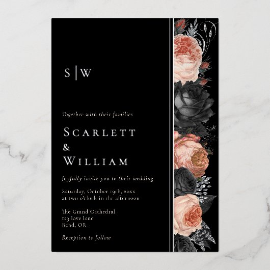 ホイルゴシックヴィンテージブラック赤面モノグラム結婚ズ 箔招待状 (正面)