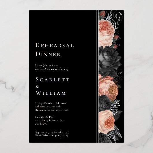 ホイルゴシックヴィンテージブラック赤面結婚のリハーサル 箔招待状 (正面)