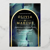 ホイルジェードとネイビーブルーモダン流体インク 箔招待状 (正面)