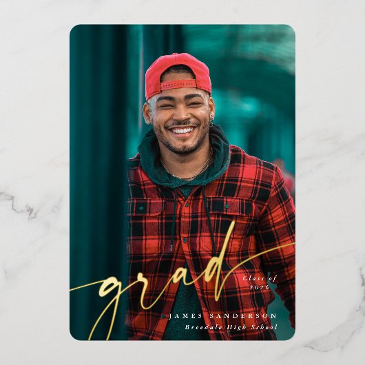 ホイルスクリプト2枚の写真卒業のお知らせ 箔招待状 (正面)