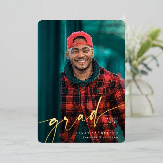 ホイルスクリプト2枚の写真卒業のお知らせ 箔招待状 (立ち正面)