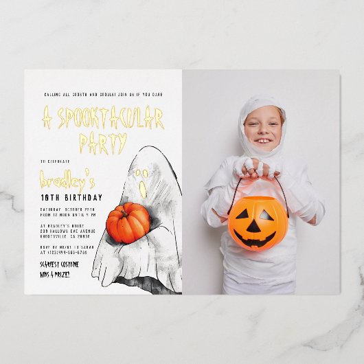 ホイルスポオクタキュラハロウィーン幽霊フォト誕生日 箔招待状 (正面)