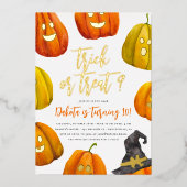 ホイルトリックまたはトリートハロウィーン誕生日パーティー 箔招待状 (正面)