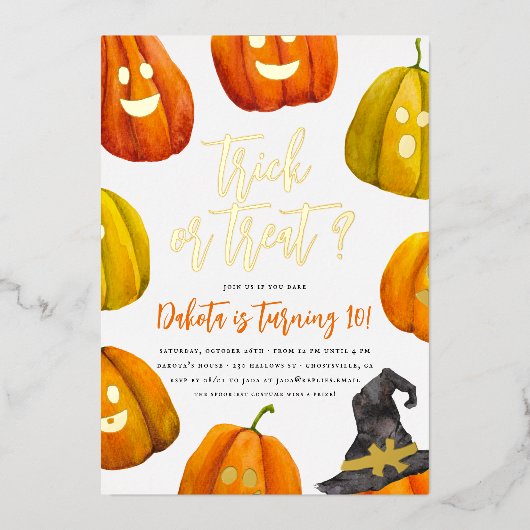 ホイルトリックまたはトリートハロウィーン誕生日パーティー 箔招待状 (正面)