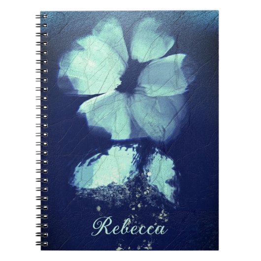 ホイルトルコイズフローラネイビーブルースクリプトモノグラム ノートブック (正面)