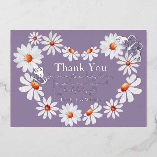 ホイルバタフライと水彩デイジーお礼を聞く 箔招待状 (正面)