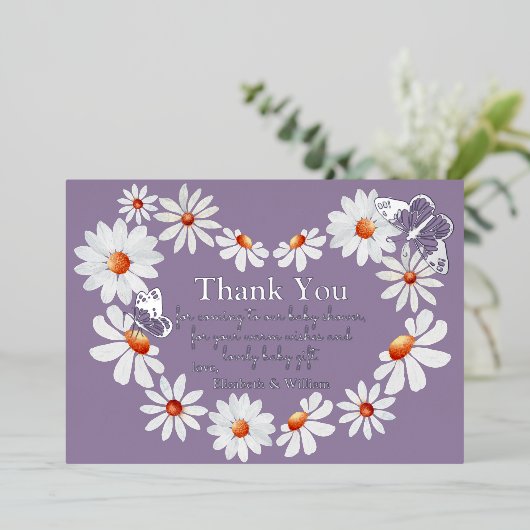 ホイルバタフライと水彩デイジーお礼を聞く 箔招待状 (立ち正面)