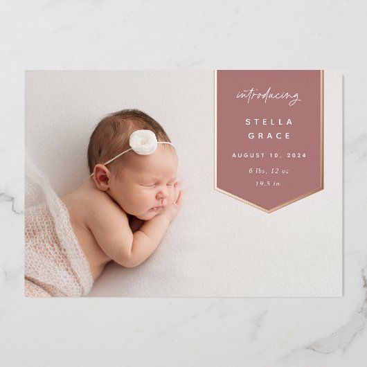 ホイルバナーオーバーレイ |写真の誕生のお知らせ 箔招待状 (正面)