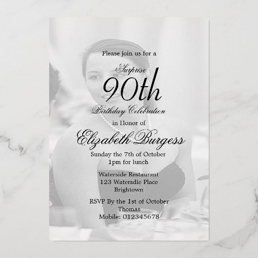 ホイルバラ金ゴールド90番目の誕生日エレガント写真 箔招待状 (裏面)