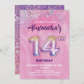 ホイルバルーン14番目の誕生日招待状 招待状 (正面/裏面)