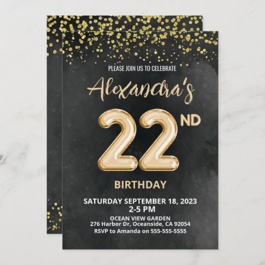 ホイルバルーン22番目の誕生日招待状 招待状 (正面/裏面)