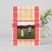 ホイルピンクチェックのヴィンテージ ハッピーホリデーカード 箔シーズンカード (立ち正面)