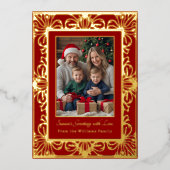 ホイルファンシークリスマスカード2枚フォトホリデーレッド 箔シーズンカード (正面)