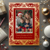 ホイルファンシークリスマスカード2枚フォトホリデーレッド 箔シーズンカード