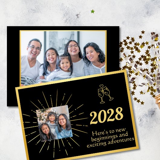 ホイルフェイクブラックと金ゴールドフォトハッピー新年 シーズンカード