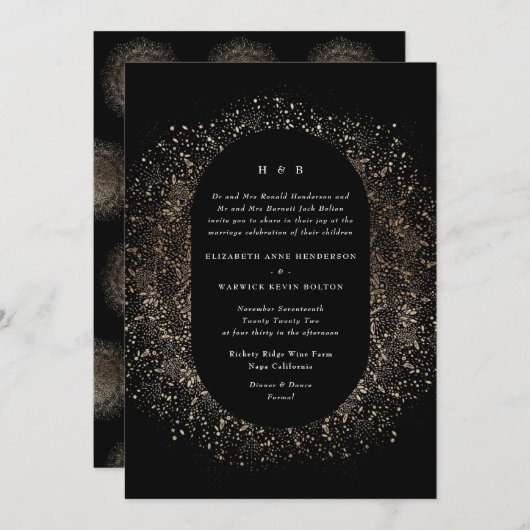 ホイルフォーマルブラックと金ゴールド結婚のアーチ 招待状 (正面/裏面)
