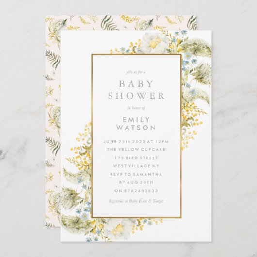 ホイルフレームボホワイルドフラワー赤ちゃんシャワー 招待状 (正面/裏面)