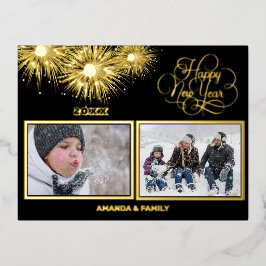 ホイルブラックと金ゴールドスクリプト新年おめでとう 箔シーズンポストカード