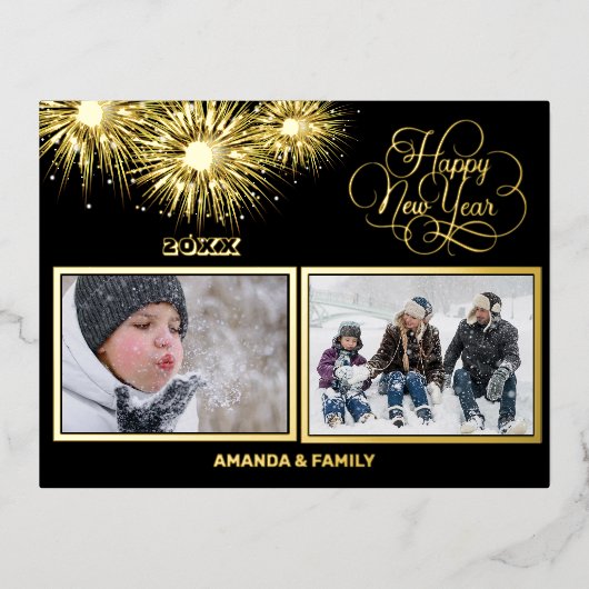 ホイルブラックと金ゴールドスクリプト新年おめでとう 箔シーズンポストカード (正面)