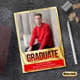 ホイルブロック付き赤レタリング写真卒業 箔招待状