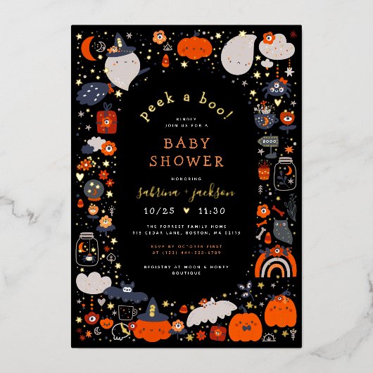 ホイルプレス |ブーを覗く！ハロウィーンの赤ちゃんシャワー 箔招待状 (正面)