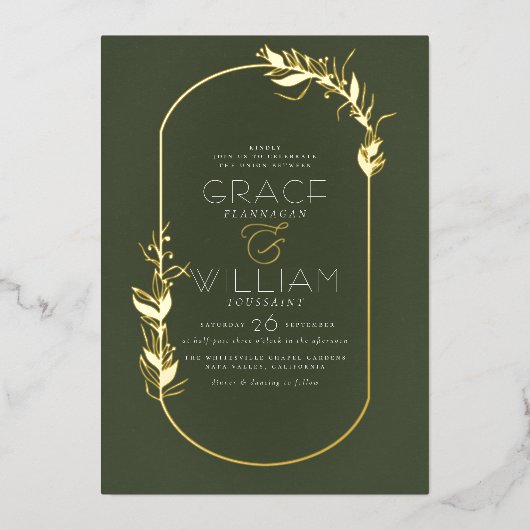 ホイルプレス | Sage Green Botanical 結婚 Frame's 箔招待状 (正面)