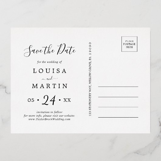 ホイルミニマル結婚リトルクリスマスの日付を保存 箔シーズンポストカード (裏面)