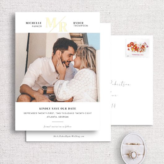 ホイルモダンモノグラミニマルム写真保存日 箔招待状