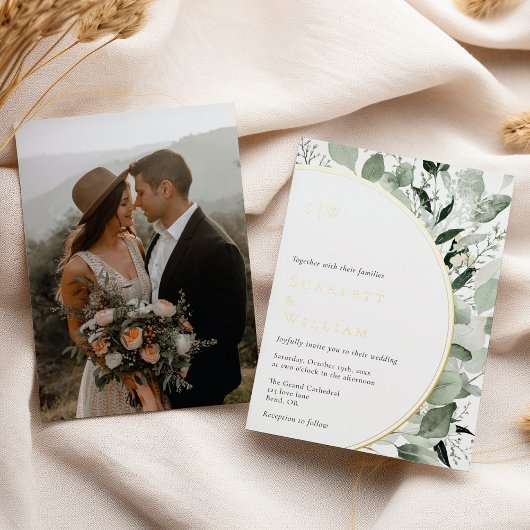 ホイルユーカリ金ゴールドモノグラム結婚フォト 箔招待状