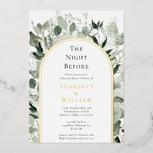 ホイルユーカリ金ゴールド結婚アーチ前夜 箔招待状 (正面)
